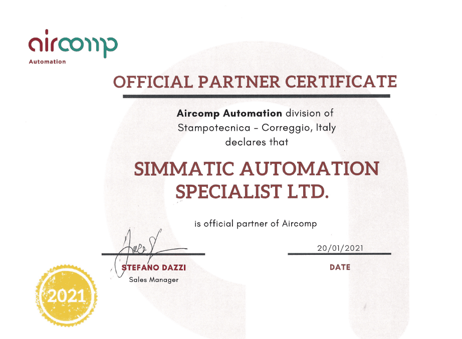 Simmatic Official Partner Certificate - Aircomp Automation - Stampotecnica